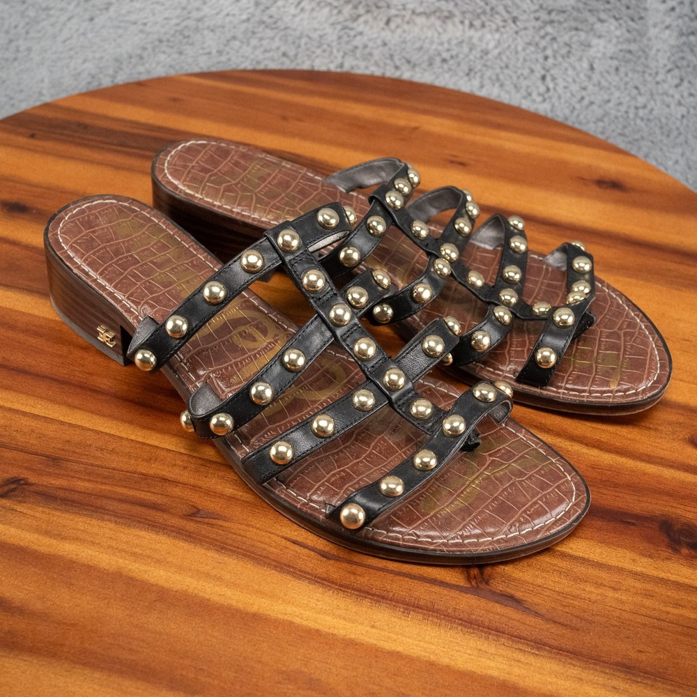 Sam Edelman Glenn Studded Leather Slide Sandals Black Gold Womens US 11 Flat